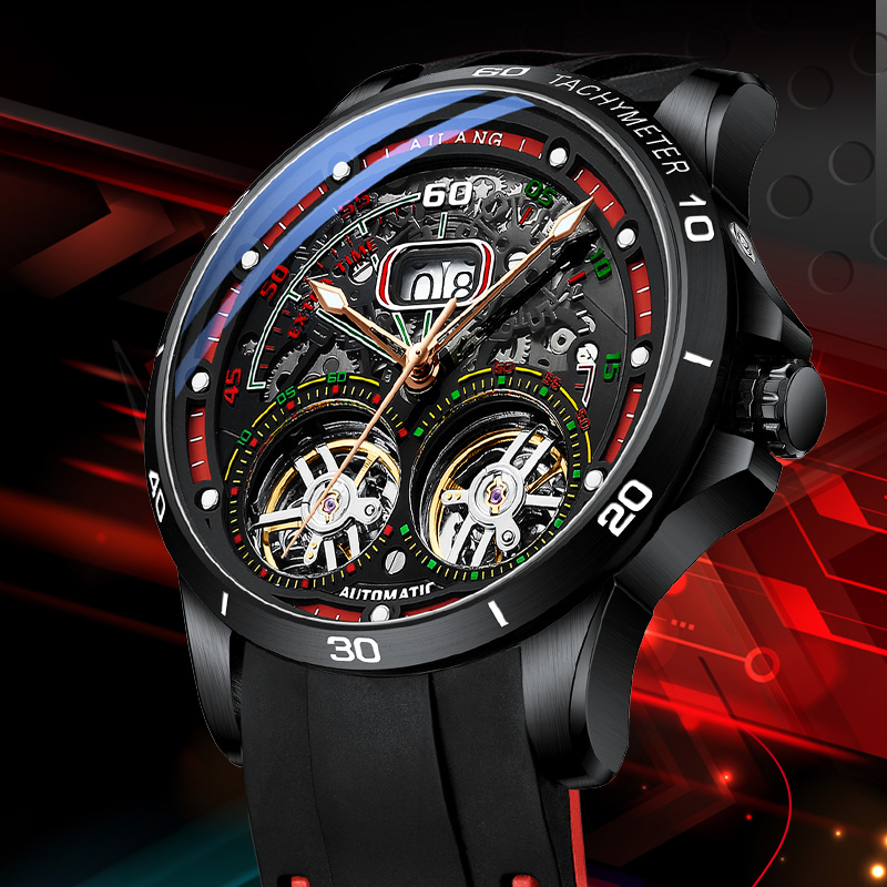 Omega Watch Constellation - นาฬิกาข้อมือผู้ชาย Ailang ระบบกลไกอัตโนมัติแบบโครงกระดูก ดับเบิ้ลตูร์บิญอง สายซิลิโคน เรืองแสง